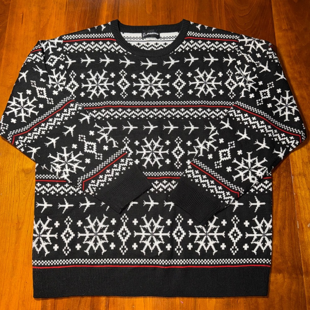 Boeing Mens XXL Ugly Christmas Sweater Airplane Fair Isle Knit Black White Red